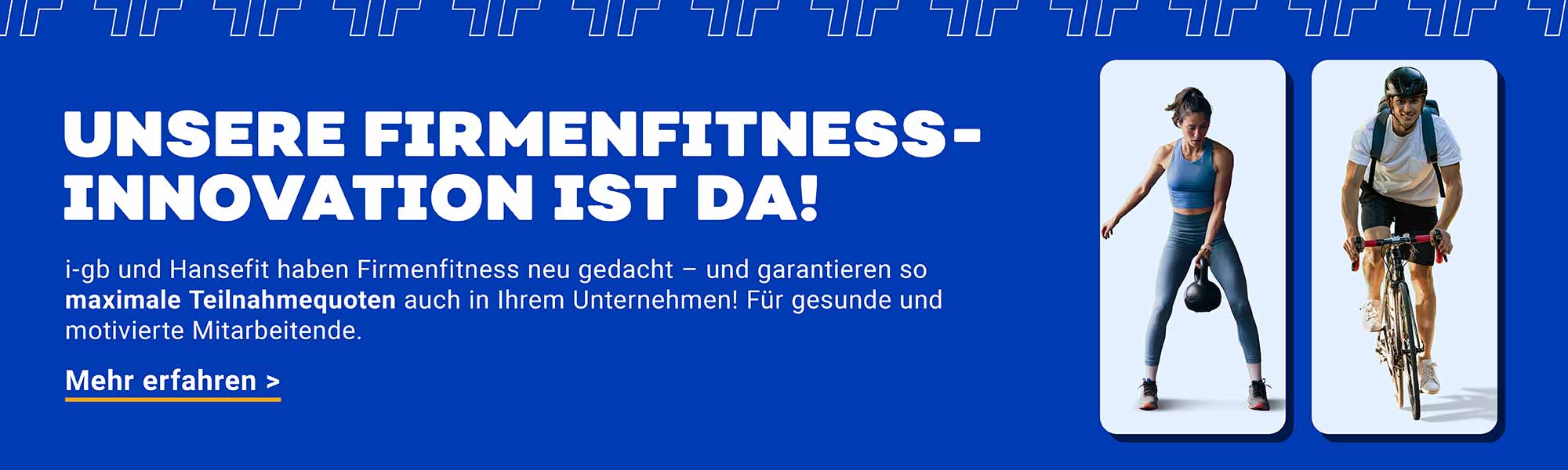 Ein Banner, der das neue Firmenfitness Produkt von Hansefit beschreibt. Mit Klick auf den Banner erfährt man mehr über das Produkt.