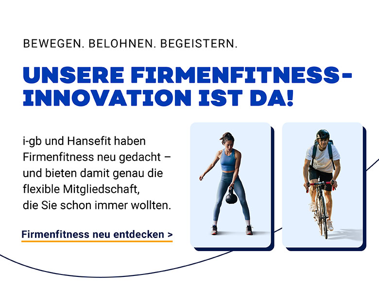 Ein Banner auf dem das Firmenfitness Angebot von Hansefit beworben wird. Mit einem Klick auf den Banner erfährt man mehr.